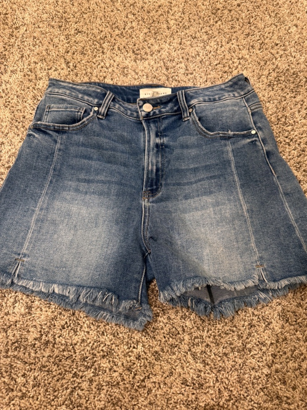 High-Rise Frayed Hem Denim Shorts - Blue